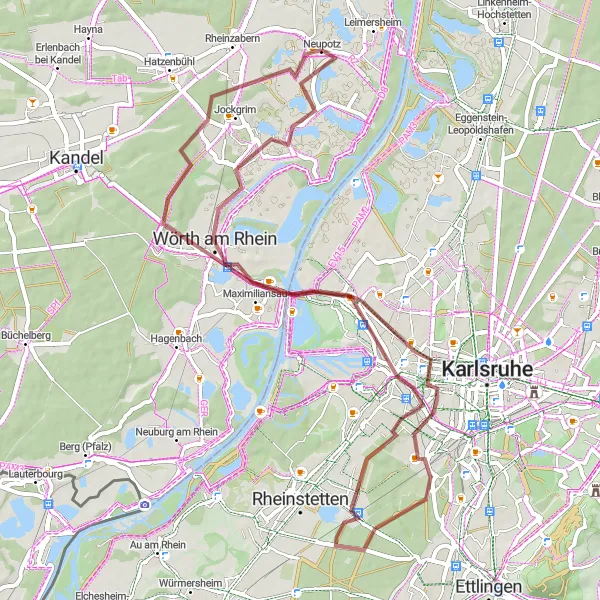 Map miniature of "Gravel Cycling Route with Jockgrim Highlights" cycling inspiration in Rheinhessen-Pfalz, Germany. Generated by Tarmacs.app cycling route planner