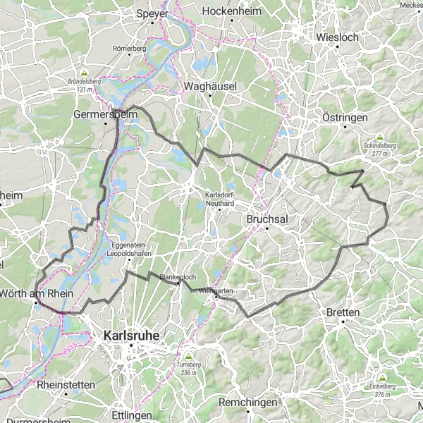 Map miniature of "Rheinhessen-Pfalz Road Cycling Adventure" cycling inspiration in Rheinhessen-Pfalz, Germany. Generated by Tarmacs.app cycling route planner