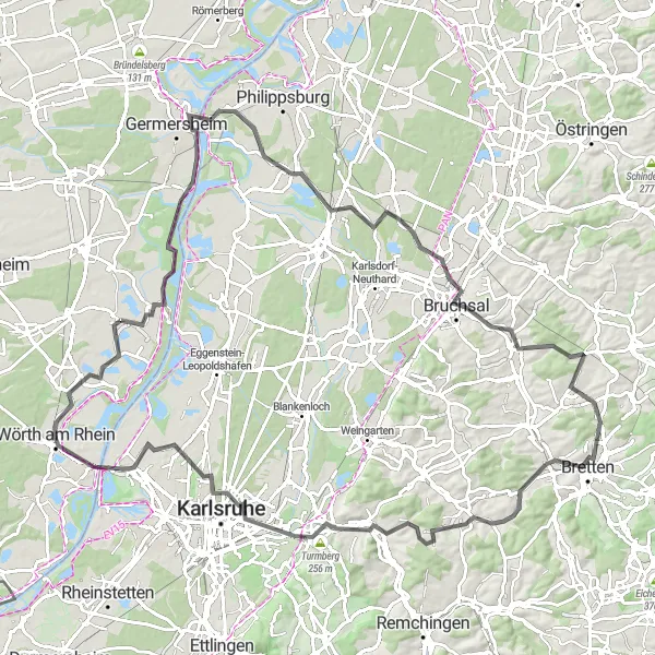 Map miniature of "Scenic Gravel Cycling in Rheinhessen-Pfalz" cycling inspiration in Rheinhessen-Pfalz, Germany. Generated by Tarmacs.app cycling route planner