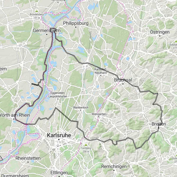 Map miniature of "Rhine Valley Road Loop" cycling inspiration in Rheinhessen-Pfalz, Germany. Generated by Tarmacs.app cycling route planner