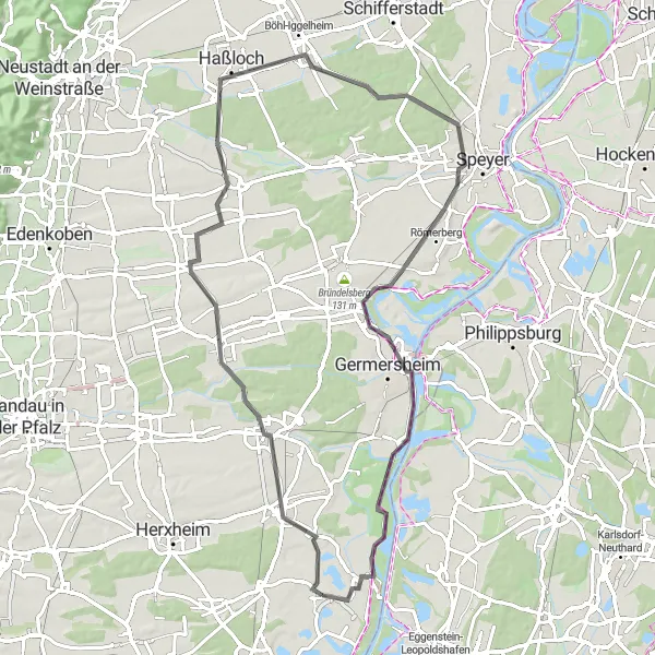 Karten-Miniaturansicht der Radinspiration "Rund um Neupotz über Rülzheim und Germersheim" in Rheinhessen-Pfalz, Germany. Erstellt vom Tarmacs.app-Routenplaner für Radtouren
