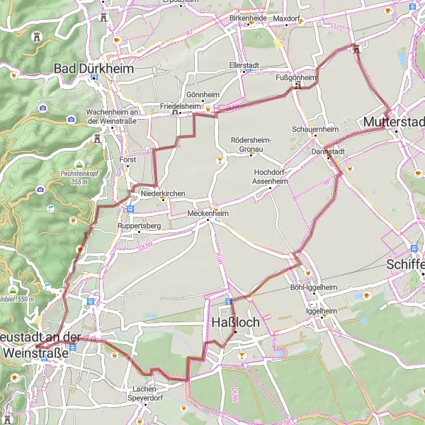 Map miniature of "Hidden Gems Gravel Tour in Rheinhessen-Pfalz" cycling inspiration in Rheinhessen-Pfalz, Germany. Generated by Tarmacs.app cycling route planner