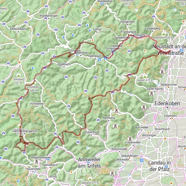 Map miniature of "Rheinhessen Gravel Adventure" cycling inspiration in Rheinhessen-Pfalz, Germany. Generated by Tarmacs.app cycling route planner