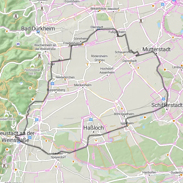 Map miniature of "Countryside Escape" cycling inspiration in Rheinhessen-Pfalz, Germany. Generated by Tarmacs.app cycling route planner