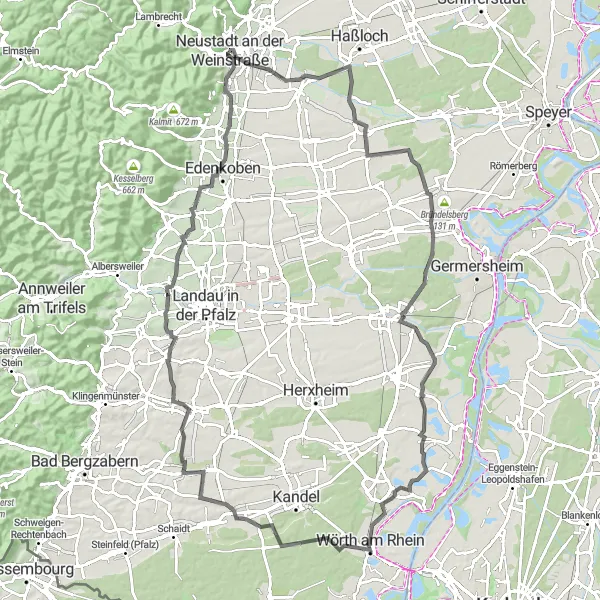 Karten-Miniaturansicht der Radinspiration "Erkundungstour durch die Südpfalz und Rheinebene" in Rheinhessen-Pfalz, Germany. Erstellt vom Tarmacs.app-Routenplaner für Radtouren