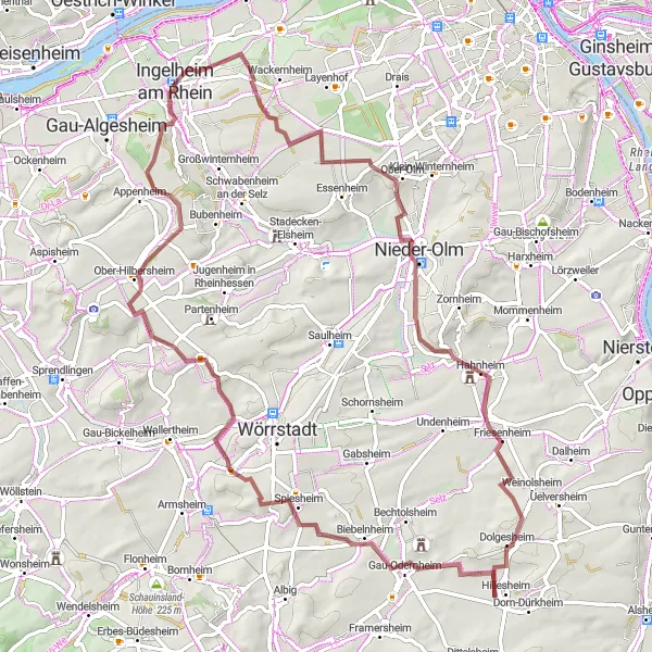 Map miniature of "Gravel Adventure in Rheinhessen" cycling inspiration in Rheinhessen-Pfalz, Germany. Generated by Tarmacs.app cycling route planner