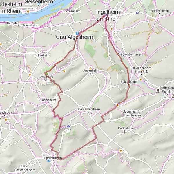 Map miniature of "Ingelheim Gravel Loop" cycling inspiration in Rheinhessen-Pfalz, Germany. Generated by Tarmacs.app cycling route planner