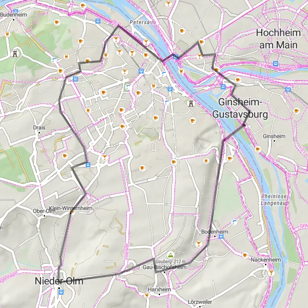 Map miniature of "Discovering Rheinhessen's Cultural Heritage" cycling inspiration in Rheinhessen-Pfalz, Germany. Generated by Tarmacs.app cycling route planner
