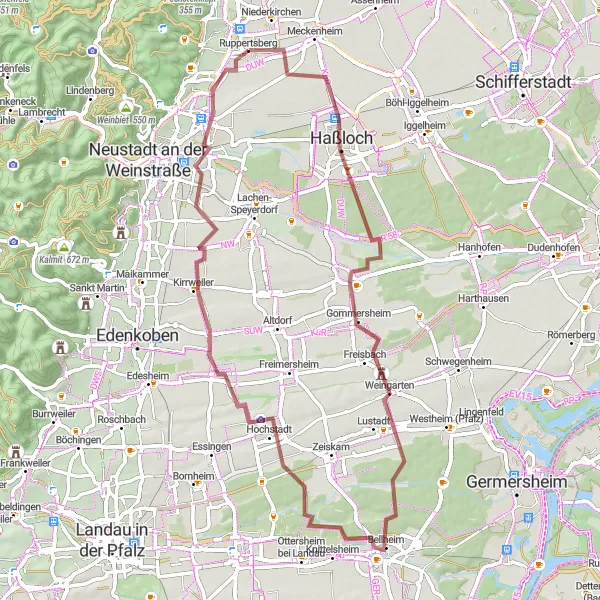 Map miniature of "The Gravel Route through Ruppertsberg, Gommersheim, Bellheim, and Venningen" cycling inspiration in Rheinhessen-Pfalz, Germany. Generated by Tarmacs.app cycling route planner