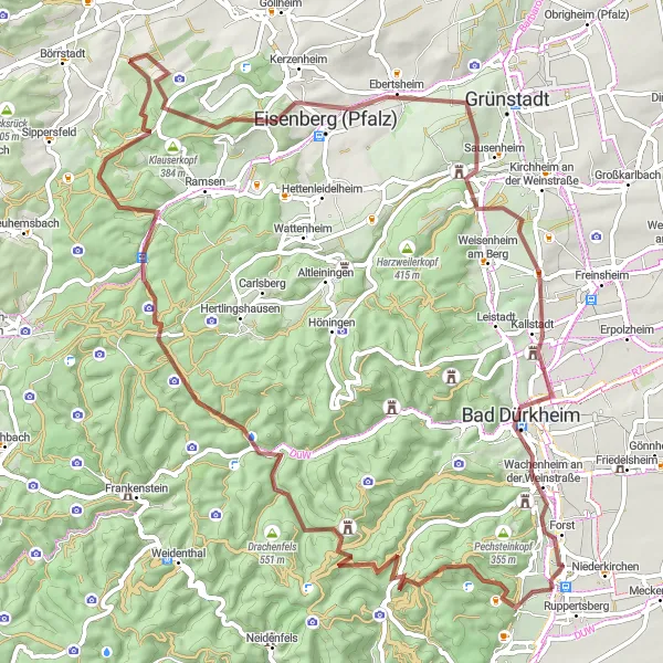 Map miniature of "The Challenging Gravel Route to Hohe Bühl and Bad Dürkheim" cycling inspiration in Rheinhessen-Pfalz, Germany. Generated by Tarmacs.app cycling route planner