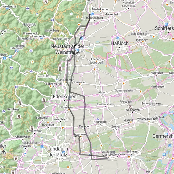 Map miniature of "Road Cycling Route through the Award-Winning Vineyards" cycling inspiration in Rheinhessen-Pfalz, Germany. Generated by Tarmacs.app cycling route planner