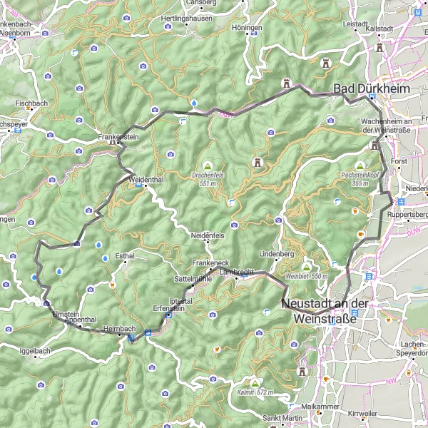 Map miniature of "The Palatinate Wine Route Adventure" cycling inspiration in Rheinhessen-Pfalz, Germany. Generated by Tarmacs.app cycling route planner