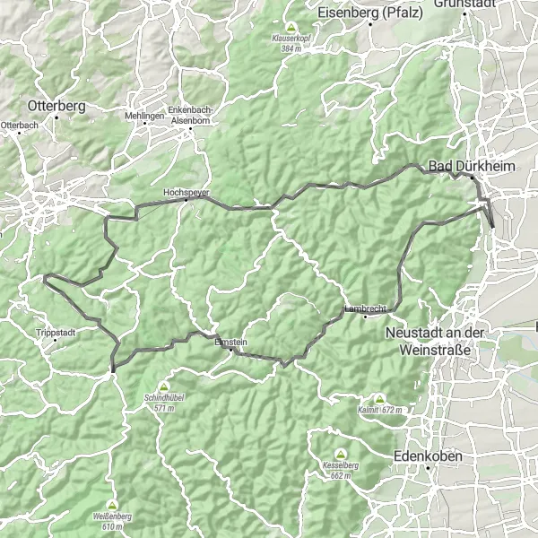 Karten-Miniaturansicht der Radinspiration "Wald- und Burgenroute durch den Pfälzerwald" in Rheinhessen-Pfalz, Germany. Erstellt vom Tarmacs.app-Routenplaner für Radtouren