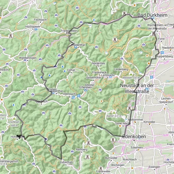 Map miniature of "Epic Road Cycling Tour of the Weinstraße" cycling inspiration in Rheinhessen-Pfalz, Germany. Generated by Tarmacs.app cycling route planner