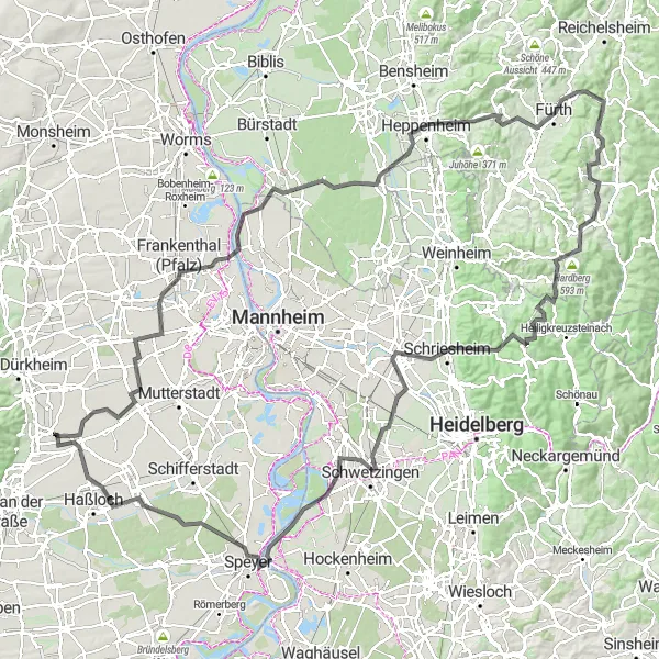 Karten-Miniaturansicht der Radinspiration "Odenwaldtour: Auf den Spuren der Burgen" in Rheinhessen-Pfalz, Germany. Erstellt vom Tarmacs.app-Routenplaner für Radtouren