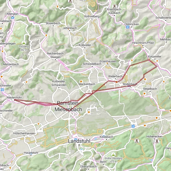 Map miniature of "Niedermohr: Klingelberg to Steinwenden" cycling inspiration in Rheinhessen-Pfalz, Germany. Generated by Tarmacs.app cycling route planner