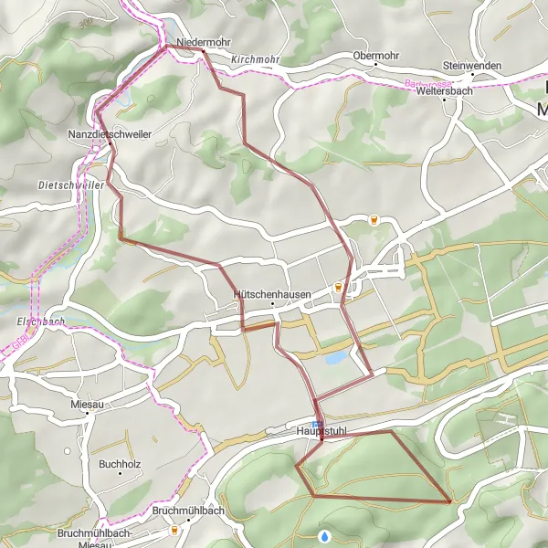 Map miniature of "Hidden Treasures of Rheinhessen-Pfalz Gravel Ride" cycling inspiration in Rheinhessen-Pfalz, Germany. Generated by Tarmacs.app cycling route planner