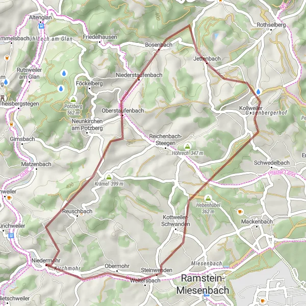 Karten-Miniaturansicht der Radinspiration "Graveltour durch die Natur um Bosenbach" in Rheinhessen-Pfalz, Germany. Erstellt vom Tarmacs.app-Routenplaner für Radtouren