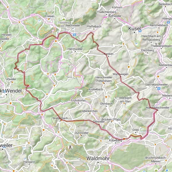 Map miniature of "Gravel Adventure: Exploring Rheinhessen-Pfalz Off the Beaten Path" cycling inspiration in Rheinhessen-Pfalz, Germany. Generated by Tarmacs.app cycling route planner