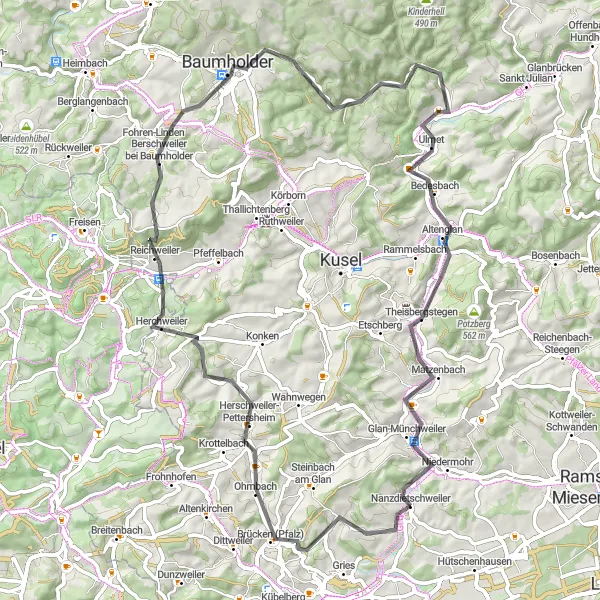 Karten-Miniaturansicht der Radinspiration "Roadtour durch die Natur" in Rheinhessen-Pfalz, Germany. Erstellt vom Tarmacs.app-Routenplaner für Radtouren