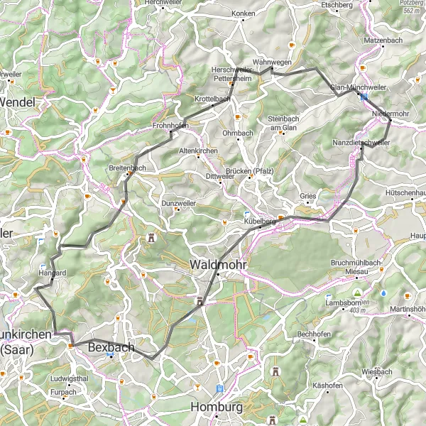 Karten-Miniaturansicht der Radinspiration "Radtour entlang der Krokusblüte von Nanzdietschweiler nach Wahnwegen" in Rheinhessen-Pfalz, Germany. Erstellt vom Tarmacs.app-Routenplaner für Radtouren