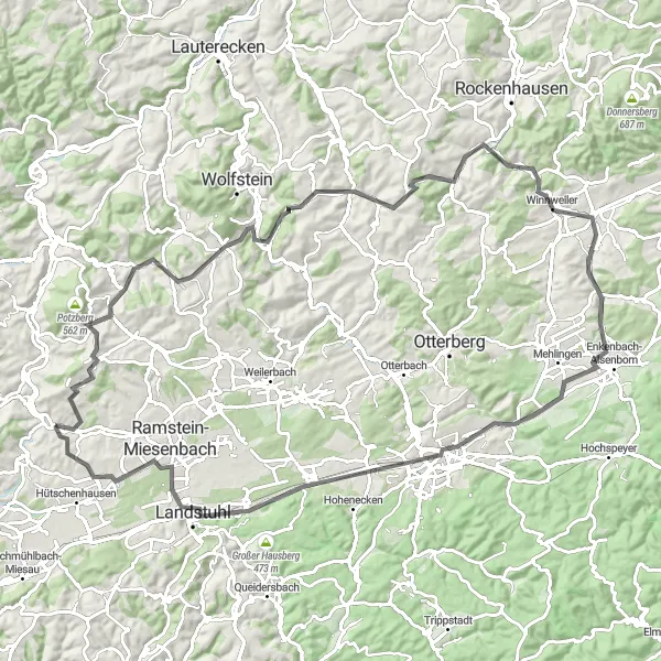 Map miniature of "Rheinhessen-Pfalz Road Adventure" cycling inspiration in Rheinhessen-Pfalz, Germany. Generated by Tarmacs.app cycling route planner