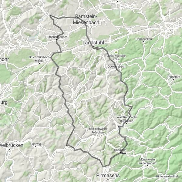 Map miniature of "Niedermohr: Ramstein-Miesenbach to Hauptstuhl" cycling inspiration in Rheinhessen-Pfalz, Germany. Generated by Tarmacs.app cycling route planner