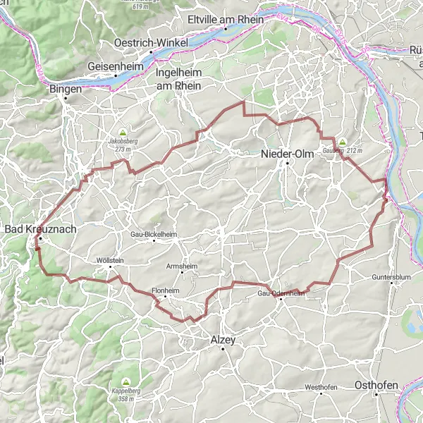 Map miniature of "The Ultimate Rheinhessen Experience" cycling inspiration in Rheinhessen-Pfalz, Germany. Generated by Tarmacs.app cycling route planner