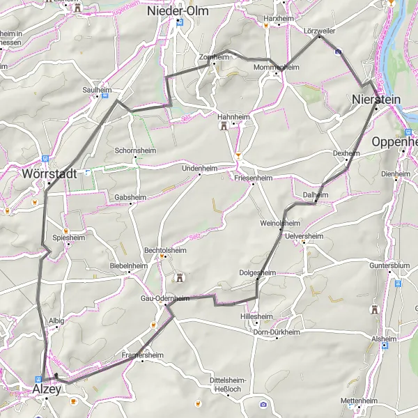 Map miniature of "Hills and Castles of Rheinhessen" cycling inspiration in Rheinhessen-Pfalz, Germany. Generated by Tarmacs.app cycling route planner