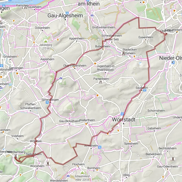 Map miniature of "Wine and Gravel Delight" cycling inspiration in Rheinhessen-Pfalz, Germany. Generated by Tarmacs.app cycling route planner