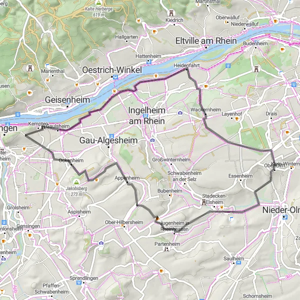 Map miniature of "Jugenheim Route" cycling inspiration in Rheinhessen-Pfalz, Germany. Generated by Tarmacs.app cycling route planner