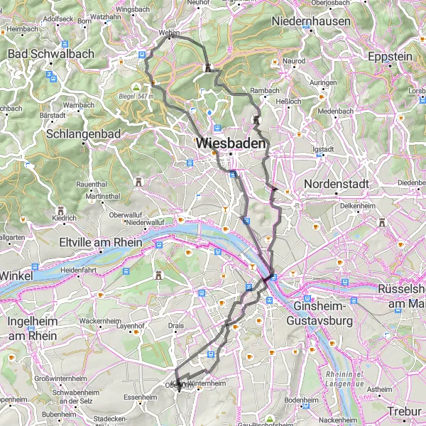 Karten-Miniaturansicht der Radinspiration "Hügel und Weinberge Tour" in Rheinhessen-Pfalz, Germany. Erstellt vom Tarmacs.app-Routenplaner für Radtouren