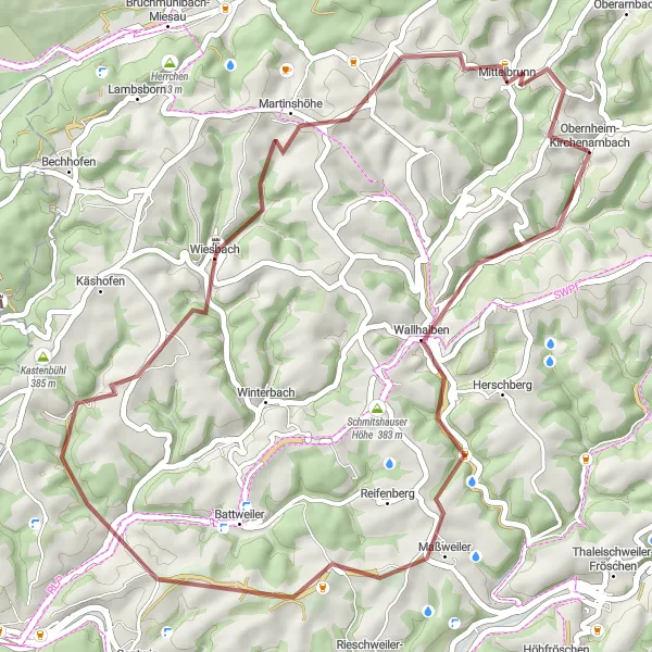 Karten-Miniaturansicht der Radinspiration "Die Wallhalben-Maiersberg-Runde" in Rheinhessen-Pfalz, Germany. Erstellt vom Tarmacs.app-Routenplaner für Radtouren