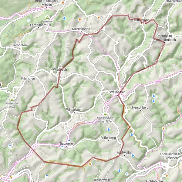 Map miniature of "Wallhalben Loop" cycling inspiration in Rheinhessen-Pfalz, Germany. Generated by Tarmacs.app cycling route planner