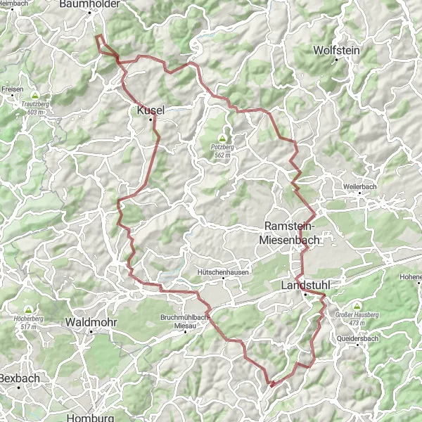 Map miniature of "The Gravel Ride to Obernheim-Kirchenarnbach" cycling inspiration in Rheinhessen-Pfalz, Germany. Generated by Tarmacs.app cycling route planner