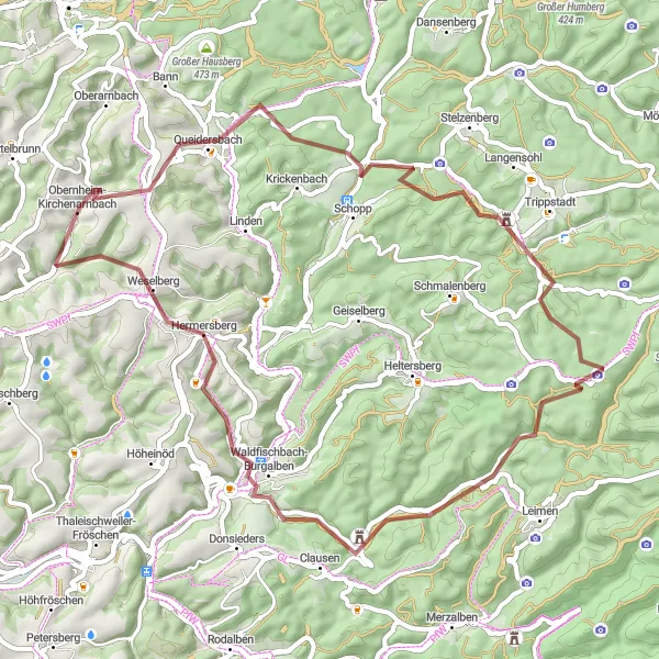 Map miniature of "Historical Gravel Ride in Rheinhessen-Pfalz" cycling inspiration in Rheinhessen-Pfalz, Germany. Generated by Tarmacs.app cycling route planner