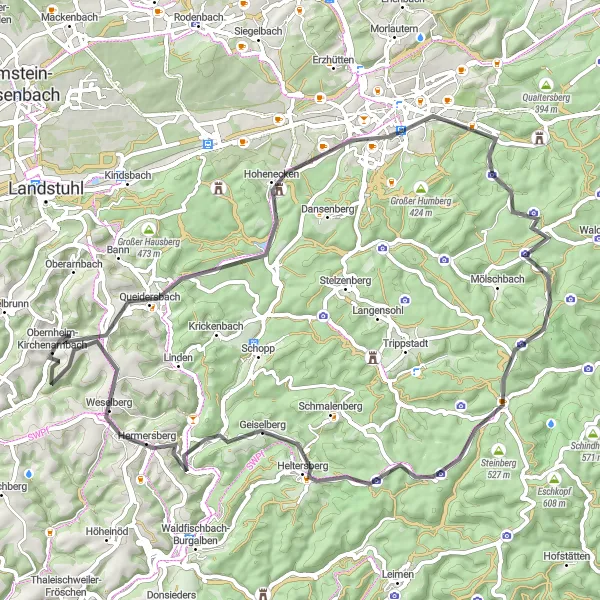 Map miniature of "Queidersbach Explorer" cycling inspiration in Rheinhessen-Pfalz, Germany. Generated by Tarmacs.app cycling route planner