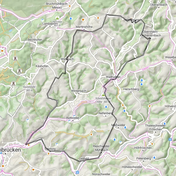 Map miniature of "Schmitshausen Scenic Ride" cycling inspiration in Rheinhessen-Pfalz, Germany. Generated by Tarmacs.app cycling route planner