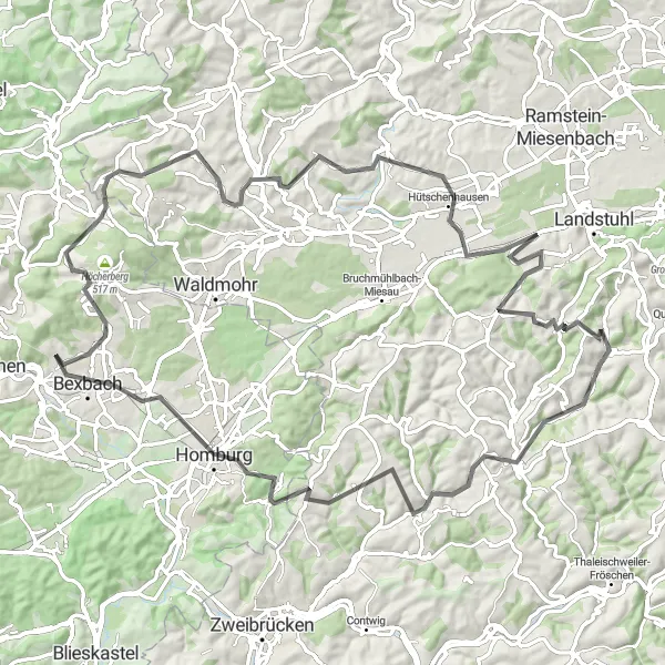 Map miniature of "Wallhalben Adventure" cycling inspiration in Rheinhessen-Pfalz, Germany. Generated by Tarmacs.app cycling route planner