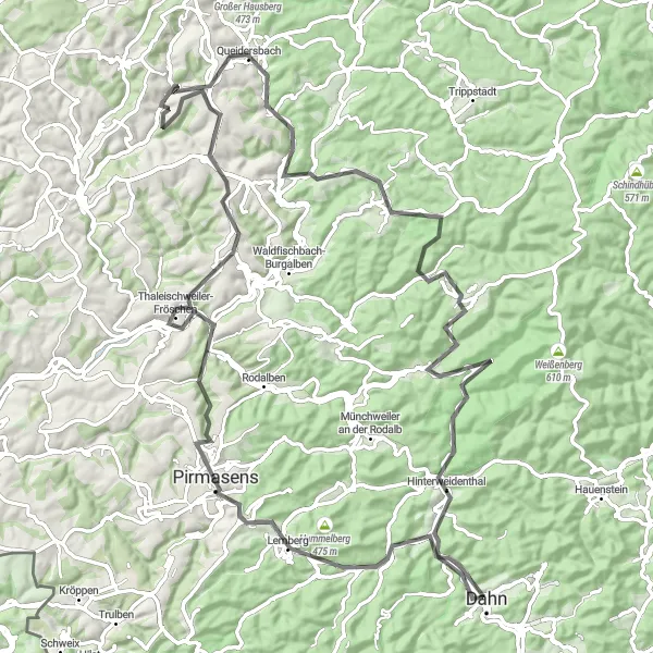 Map miniature of "Heltersberg to Obernheim-Kirchenarnbach Loop" cycling inspiration in Rheinhessen-Pfalz, Germany. Generated by Tarmacs.app cycling route planner