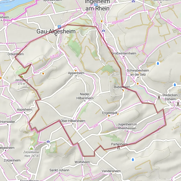 Map miniature of "Vineyard Exploration" cycling inspiration in Rheinhessen-Pfalz, Germany. Generated by Tarmacs.app cycling route planner