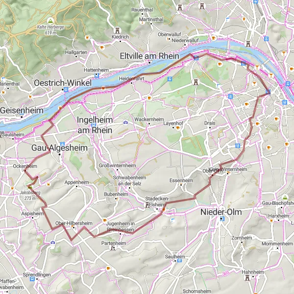 Map miniature of "Gravel Adventure" cycling inspiration in Rheinhessen-Pfalz, Germany. Generated by Tarmacs.app cycling route planner