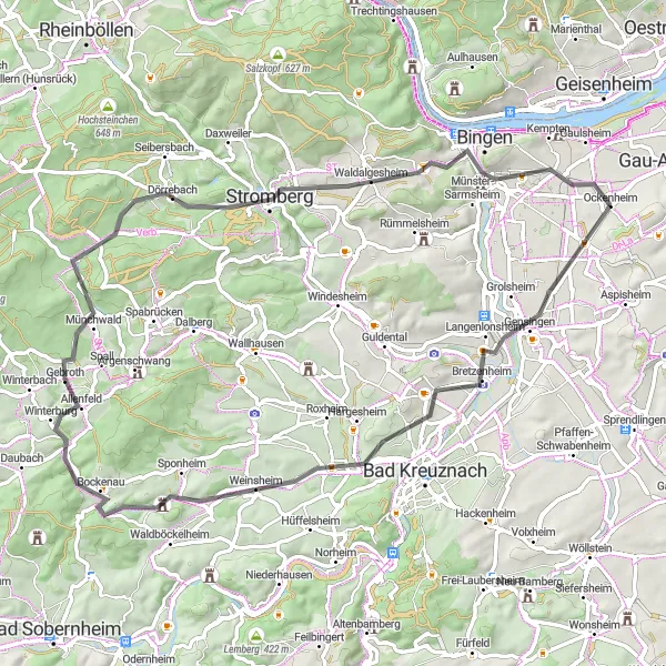 Map miniature of "Hidden Castles" cycling inspiration in Rheinhessen-Pfalz, Germany. Generated by Tarmacs.app cycling route planner