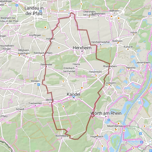 Map miniature of "The Steinweiler Loop" cycling inspiration in Rheinhessen-Pfalz, Germany. Generated by Tarmacs.app cycling route planner