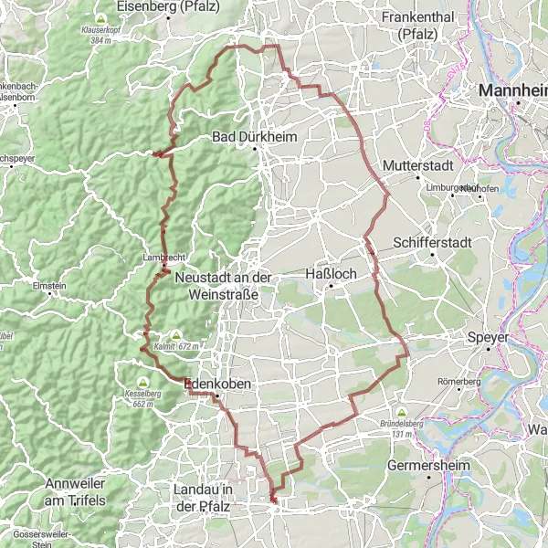 Map miniature of "The Palatinate Gravel Challenge" cycling inspiration in Rheinhessen-Pfalz, Germany. Generated by Tarmacs.app cycling route planner