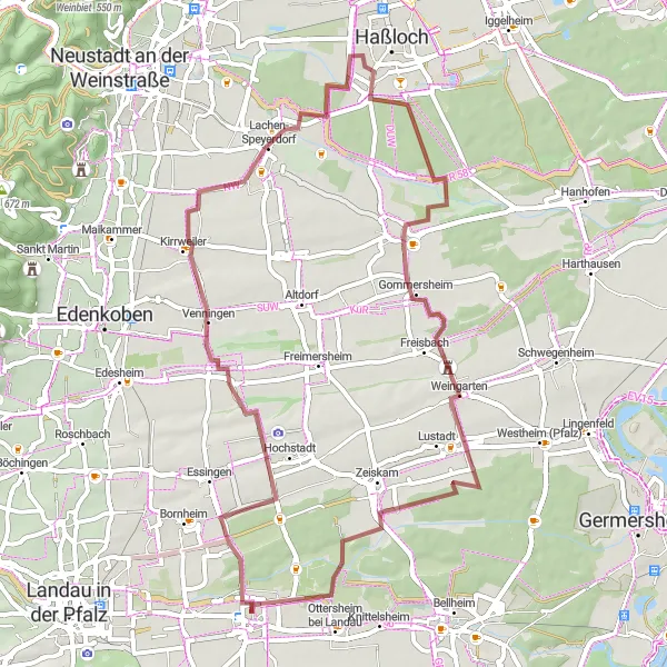 Karten-Miniaturansicht der Radinspiration "Gravelabenteuer durch die Pfalz" in Rheinhessen-Pfalz, Germany. Erstellt vom Tarmacs.app-Routenplaner für Radtouren