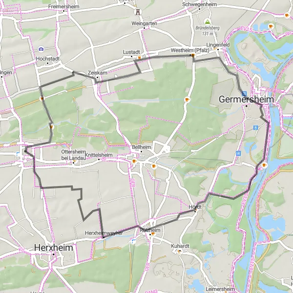 Map miniature of "Discover the Hidden Gems of Zeiskam" cycling inspiration in Rheinhessen-Pfalz, Germany. Generated by Tarmacs.app cycling route planner