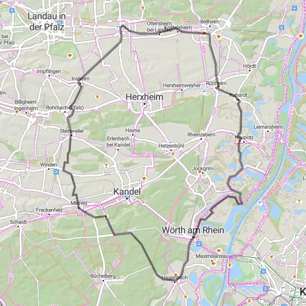 Karten-Miniaturansicht der Radinspiration "Rheinufer und Dorfcharme" in Rheinhessen-Pfalz, Germany. Erstellt vom Tarmacs.app-Routenplaner für Radtouren