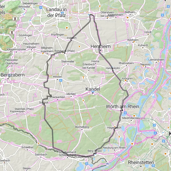 Karten-Miniaturansicht der Radinspiration "Rundtour durch den Bienwald und Rhein" in Rheinhessen-Pfalz, Germany. Erstellt vom Tarmacs.app-Routenplaner für Radtouren