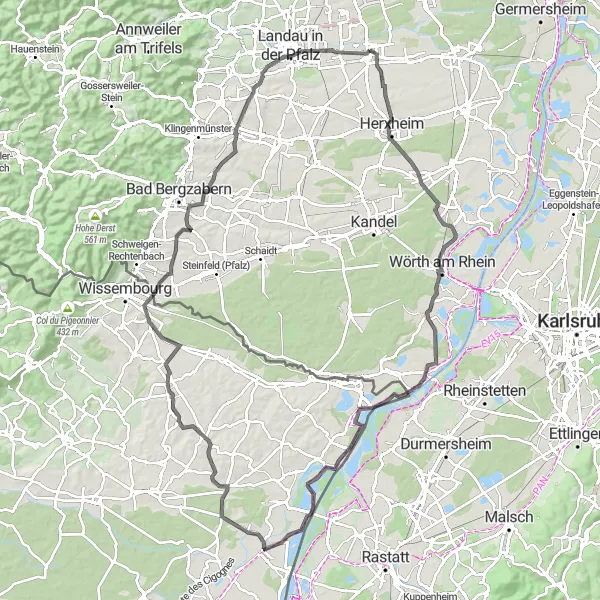 Karten-Miniaturansicht der Radinspiration "Radtour entlang der Grenze zu Frankreich" in Rheinhessen-Pfalz, Germany. Erstellt vom Tarmacs.app-Routenplaner für Radtouren